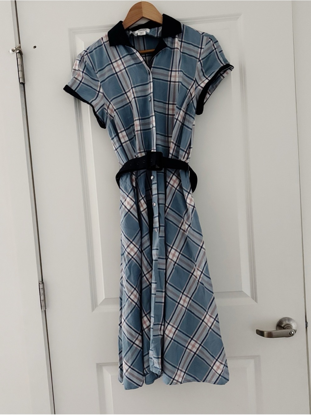 Unique Vintage Short Sleeve Collared Plaid Shirt Dress Belted Retro Academia